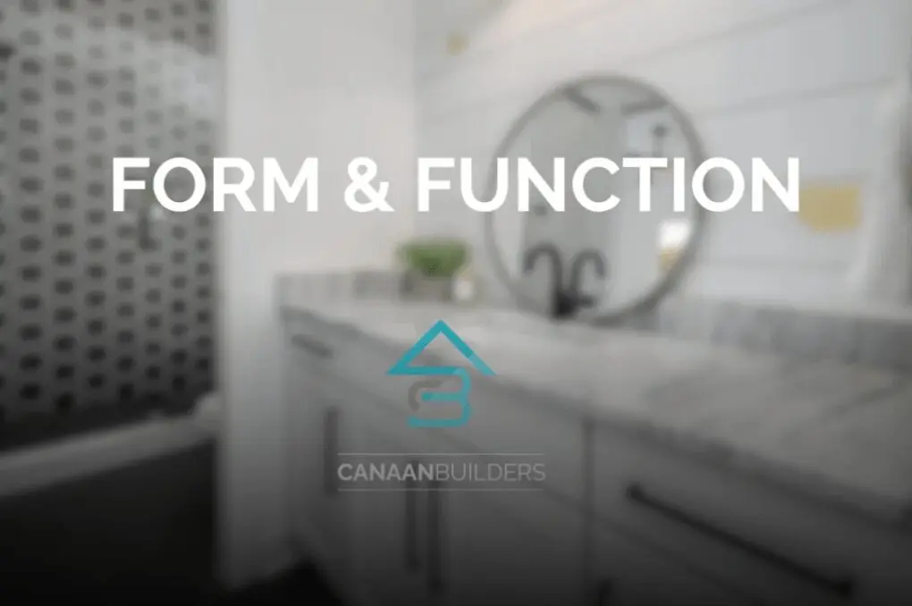 Modern bathroom with circular mirror and vanity.